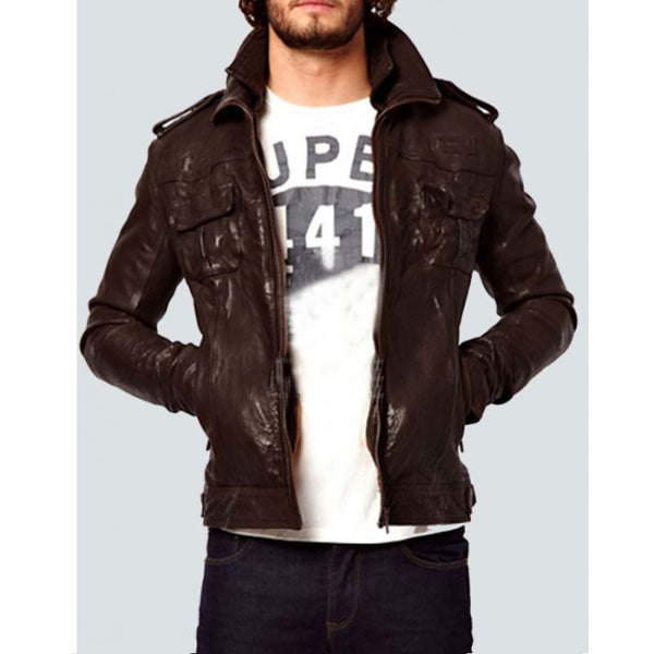 Body Fit Brown Slim Fit Genuine Leather Jacket For Men
