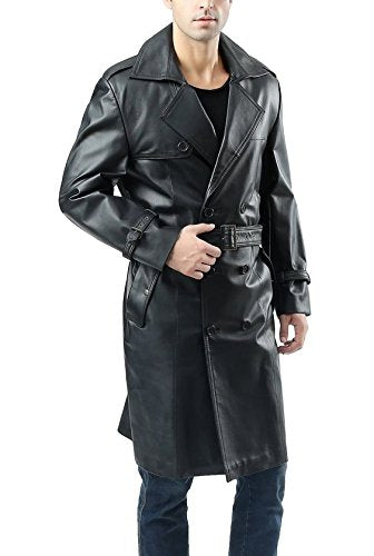 Black Trench Distressed Leather Coat For Men