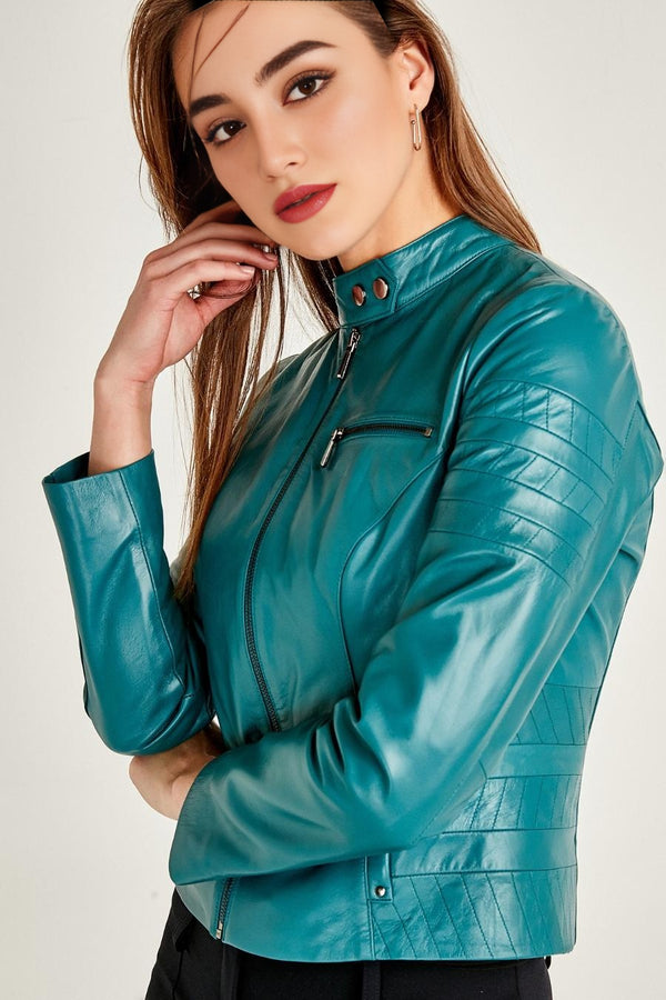 Azure Stylish Blue Leather Jacket For Women