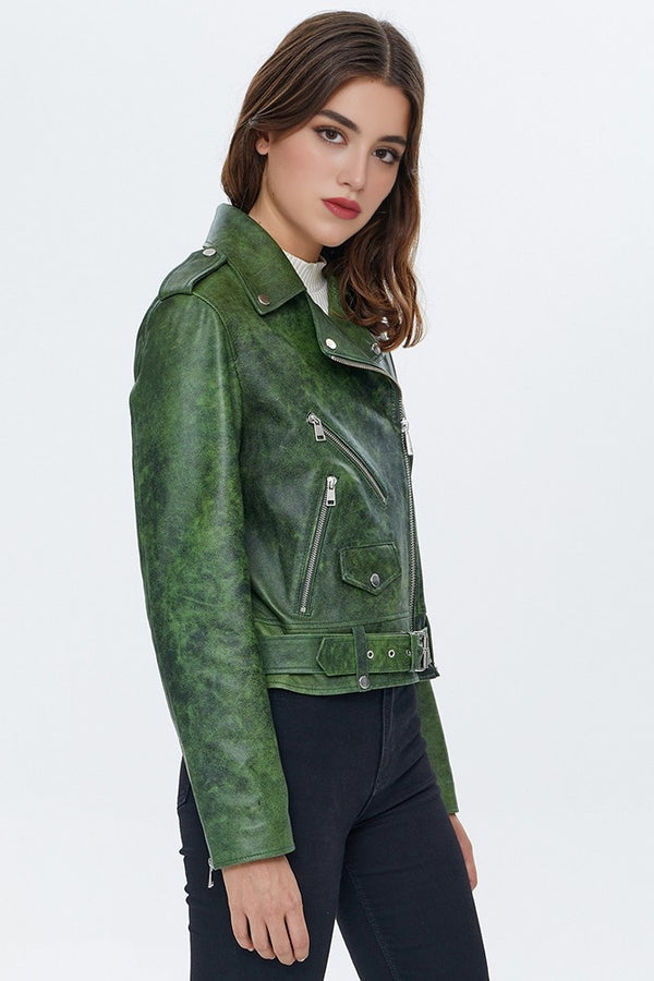 Caroline Green Waxed Biker Leather Jacket For Women's