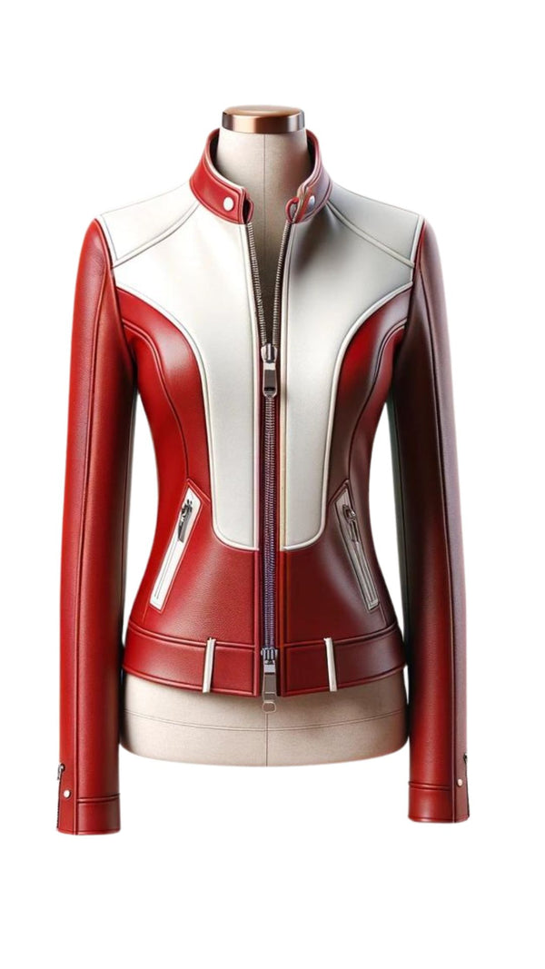Women Stylish Red & White Leather Jacket