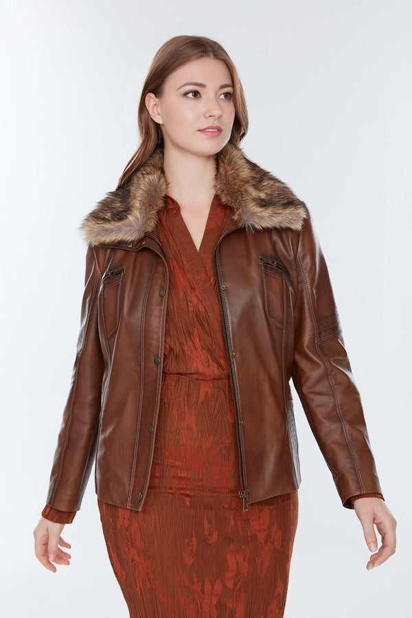 Women Brown Leather Jacket With Orignal Fur Collar