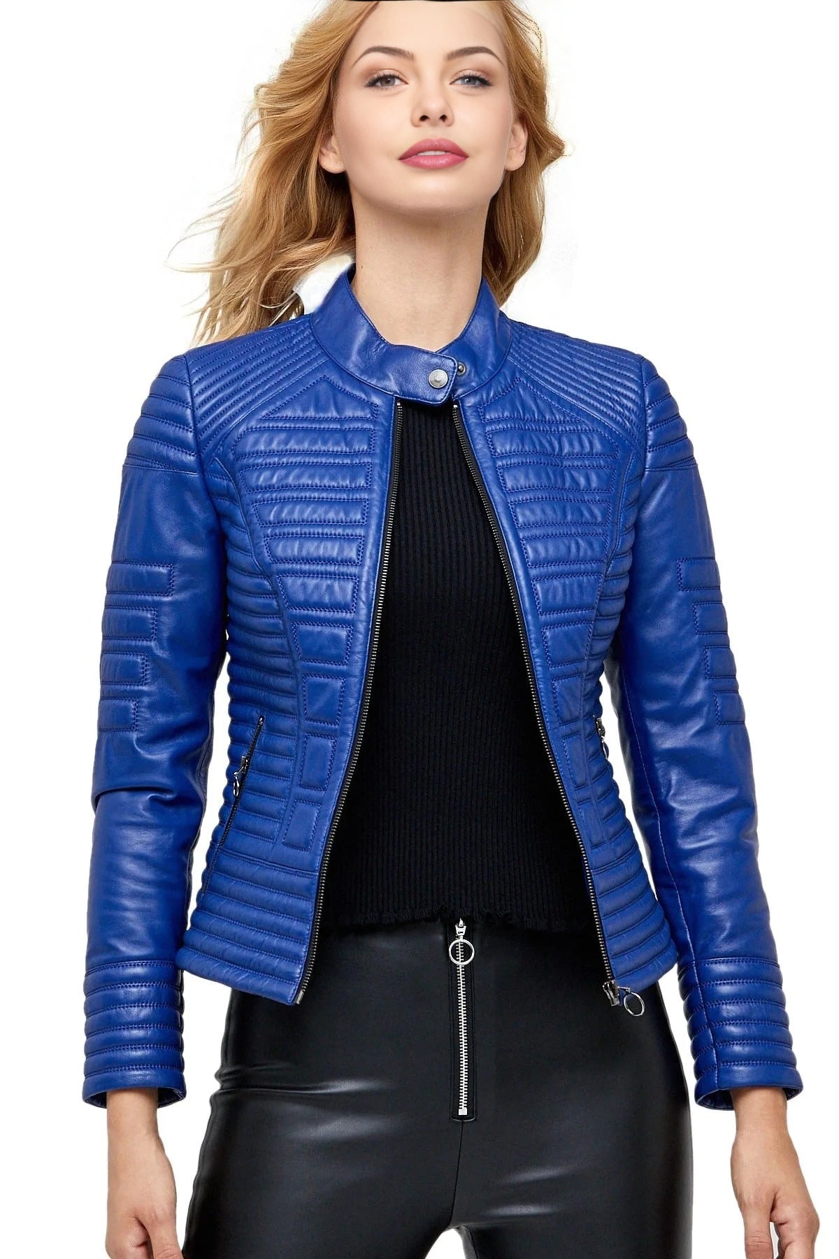 Charlotte Blue Biker Stylish Leather Jacket For Women