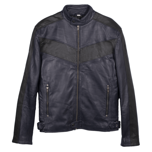 Navy Blue Distressed Leather Jacket For Men