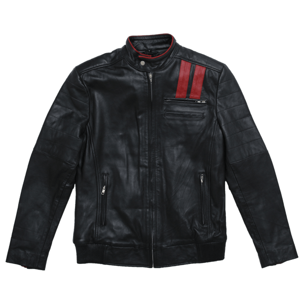 Black Leather Jacket With Red Stripe For Men