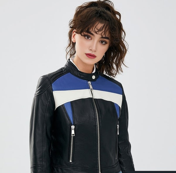 Blue Carol Casual Leather Jacket For Women