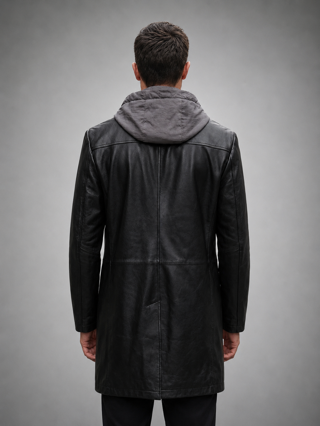 Aaron Men's Black Long Trench Leather Coat With Hood