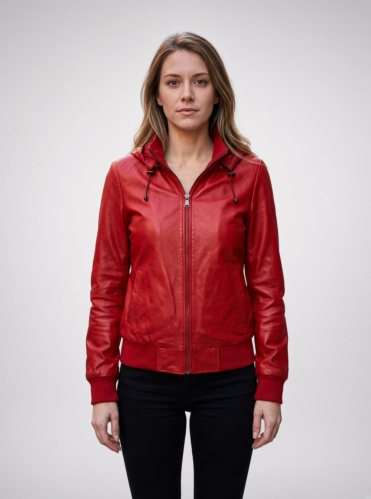 Alison Red Bomber Leather Jacket with Hood For Women