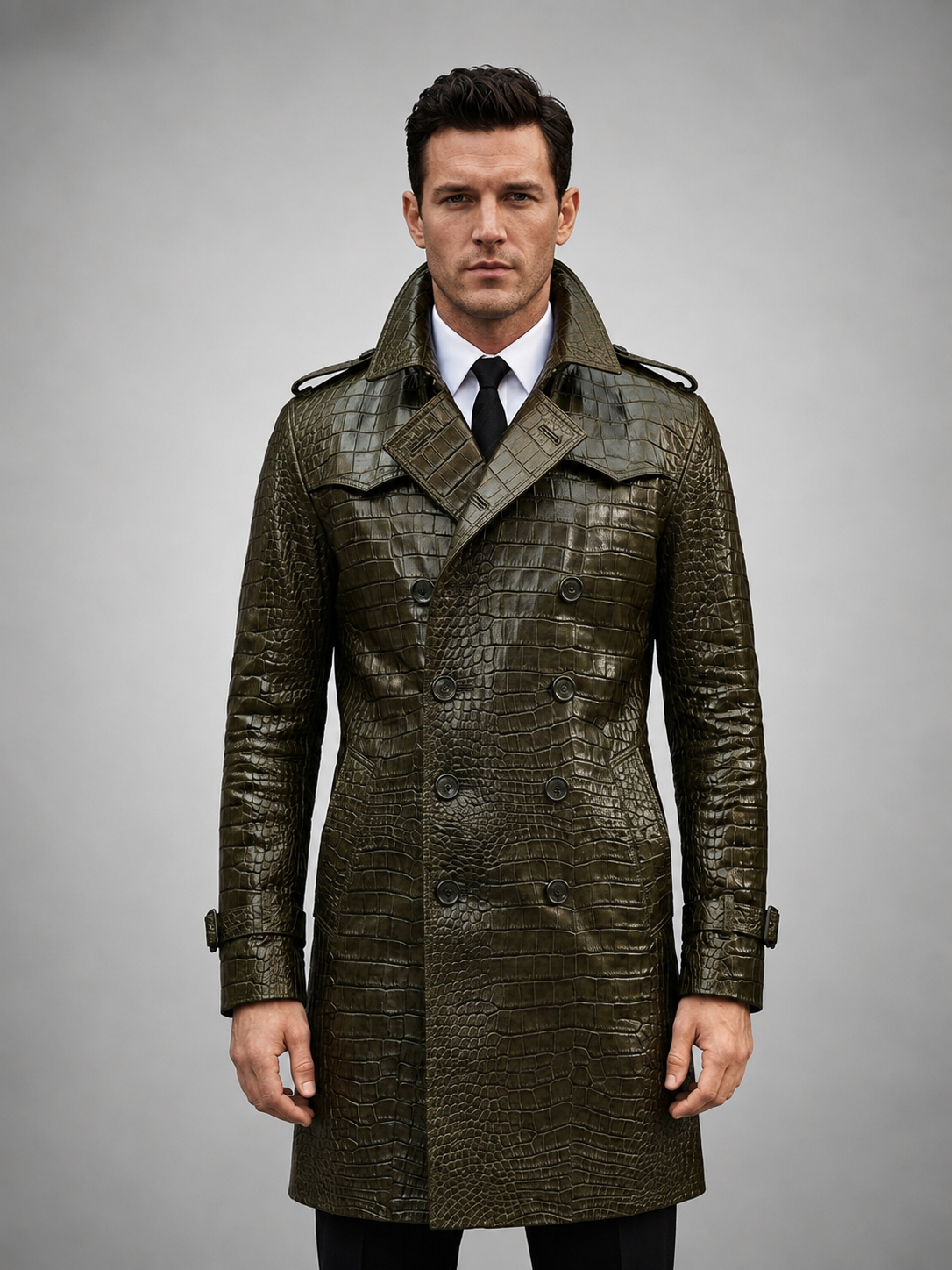 Alligator Skin Leather Men's Trench Coat