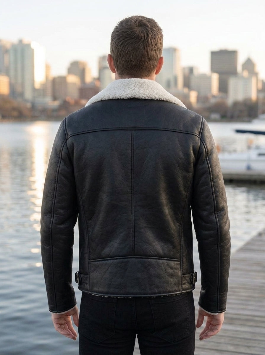 Arctic Noir Shearling Leather Jacket – Timeless Winter Style