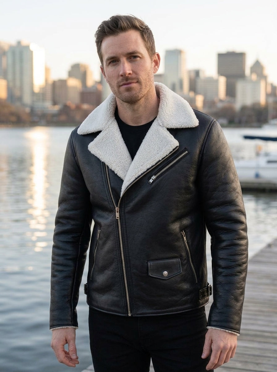 Arctic Noir Shearling Leather Jacket – Timeless Winter Style