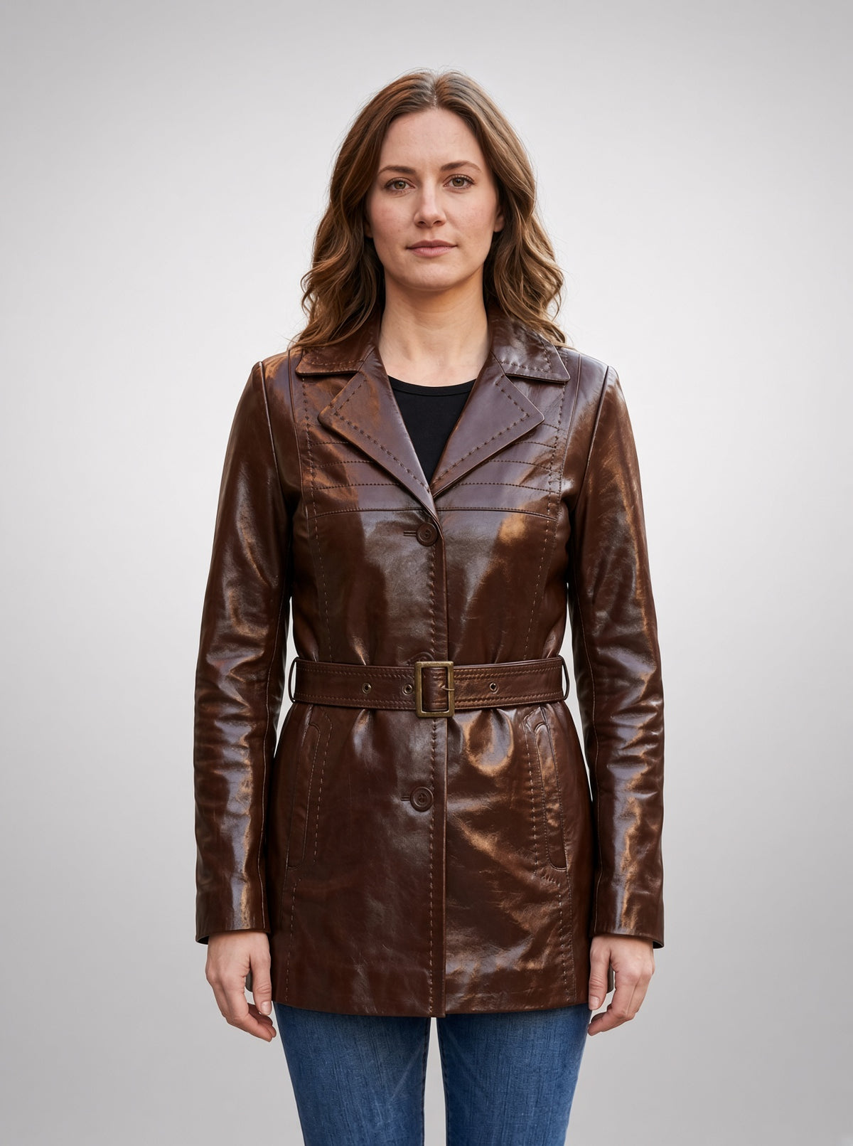 Athena Women Brown Leather Coat