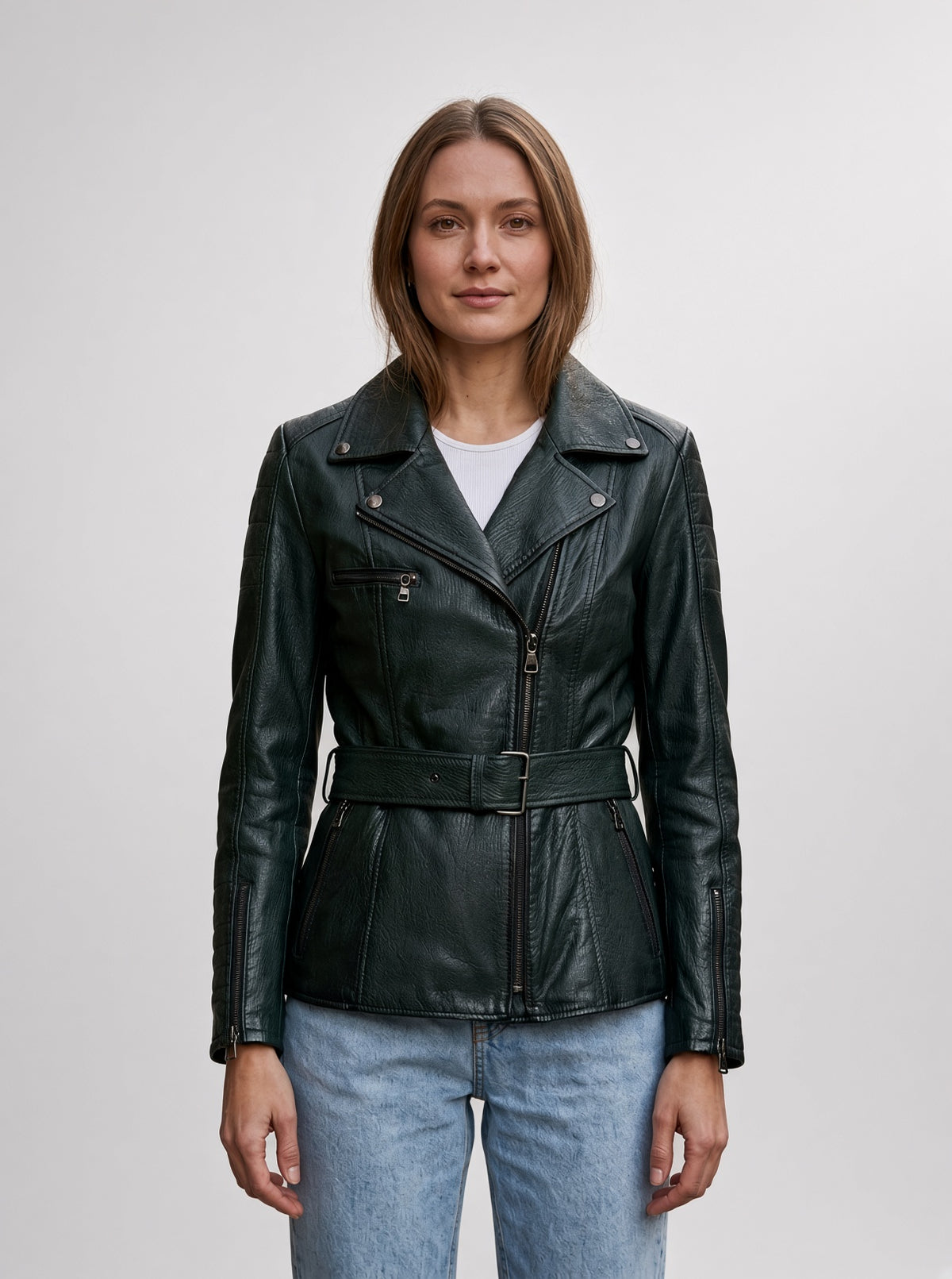 Audrey Green Stylish Leather Jacket With Center Belt For Women