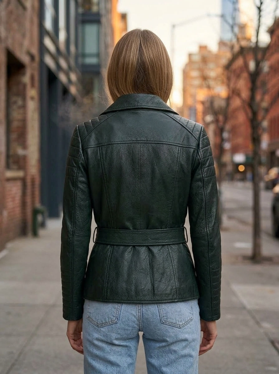 Audrey Green Stylish Leather Jacket With Center Belt For Women
