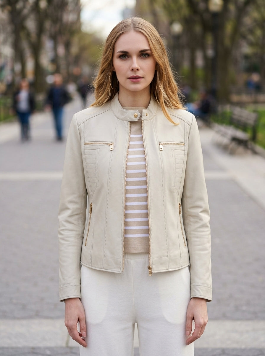Marlyn Beige Short Leather Jacket For Women