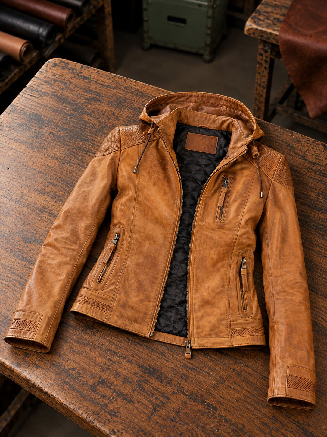 Belinda Orange Hoody Leather Jacket For Women