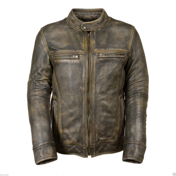 Biker Cafe Racer Vintage Style Leather Jacket For Men