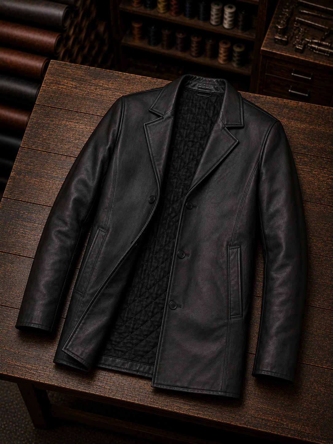 Black Simple Leather Coat For Men