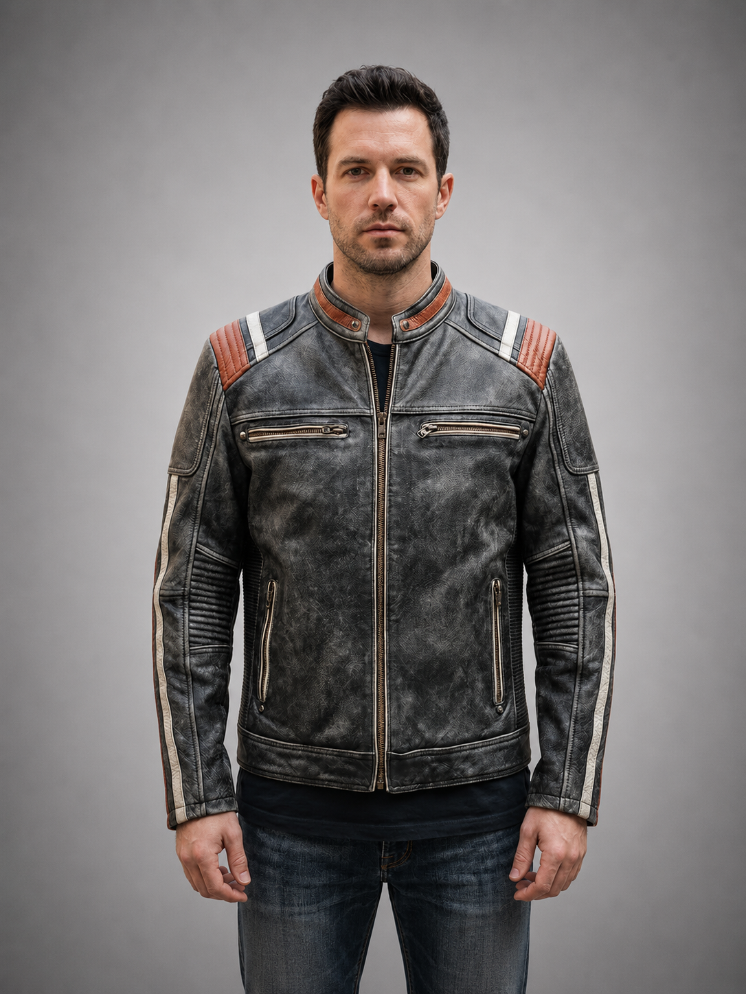 Black Distressed Racer Leather Jacket for Men