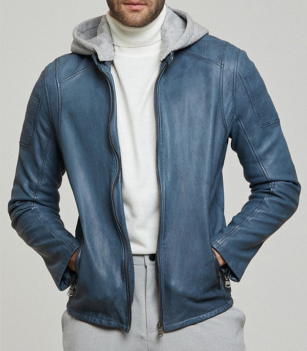 Leonard Blue Leather Jacket With Hood For Men