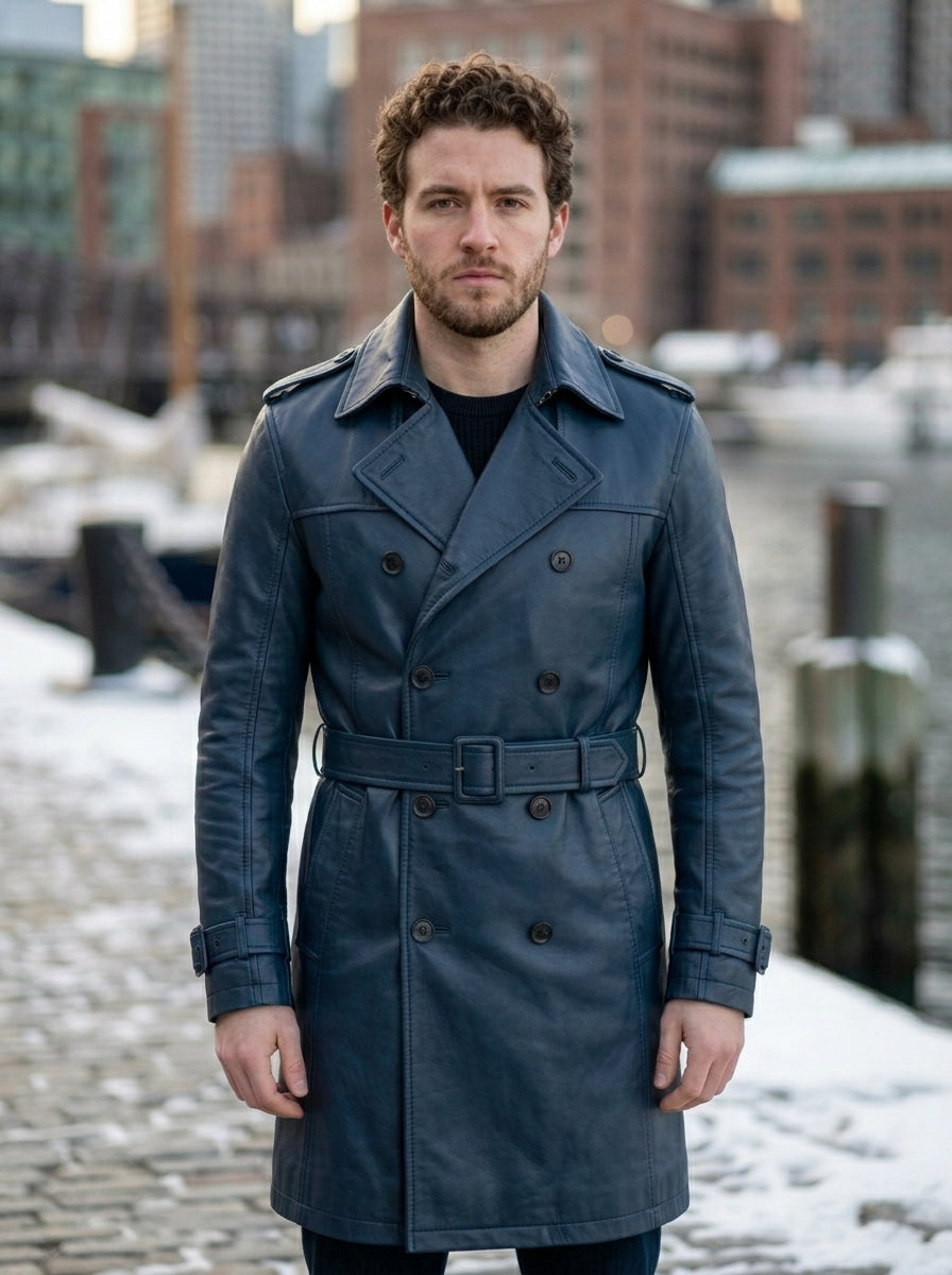 Blue Trench Leather Coat For Men