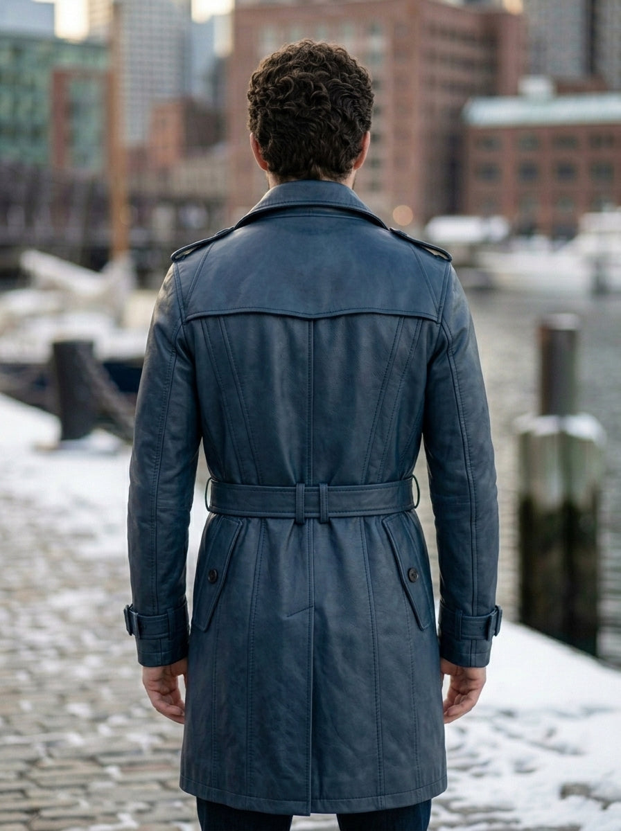 Blue Trench Leather Coat For Men