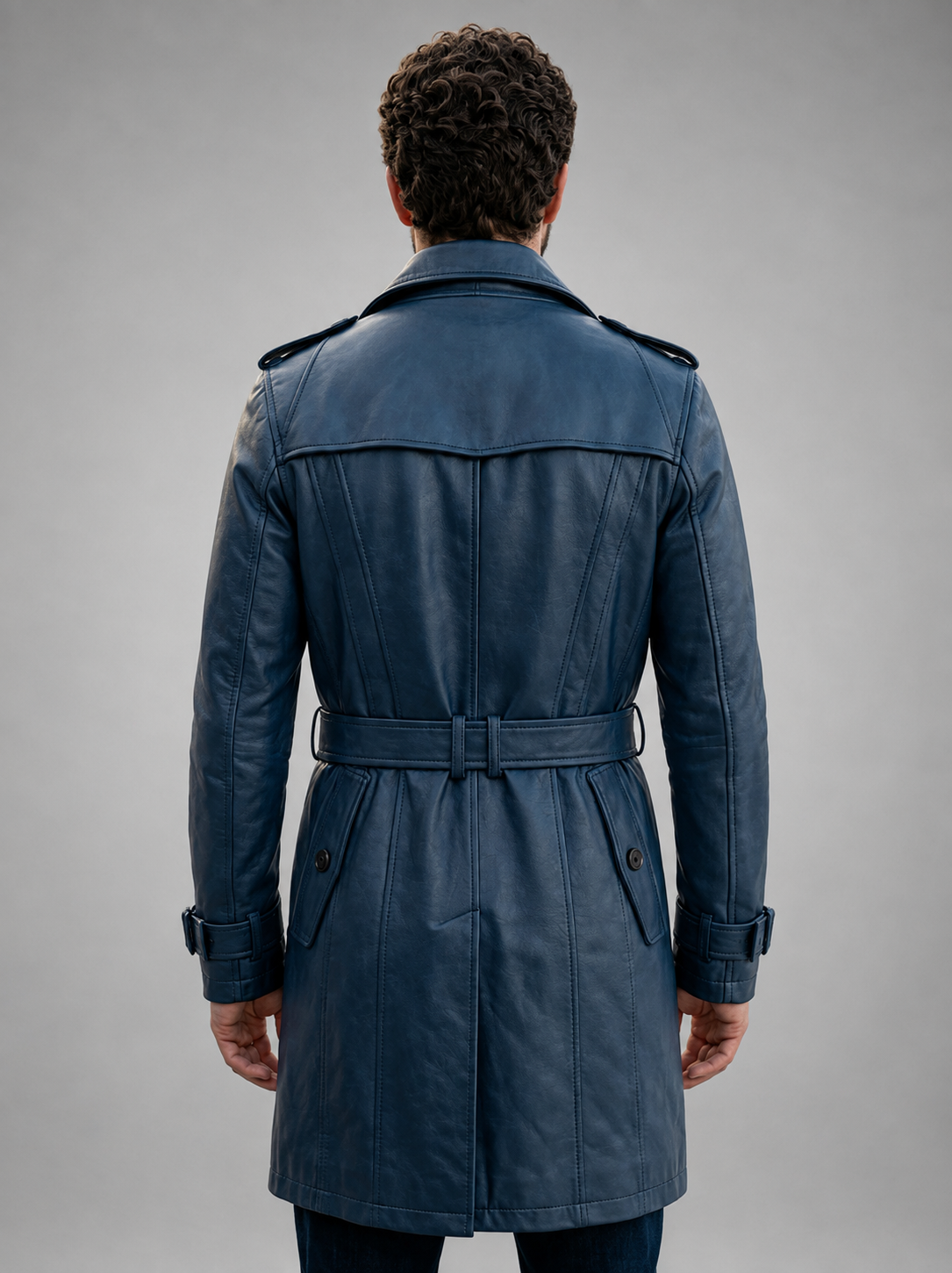 Blue Trench Leather Coat For Men