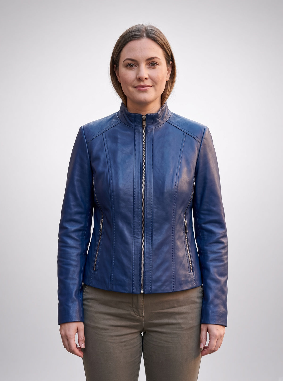 Blue Vinice Biker Racer Leather Jacket For Women