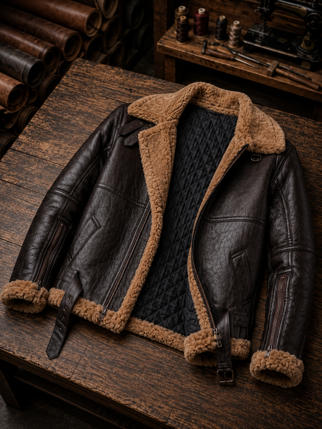 Bomber Brown Fur Quilted Leather Jacket For Men
