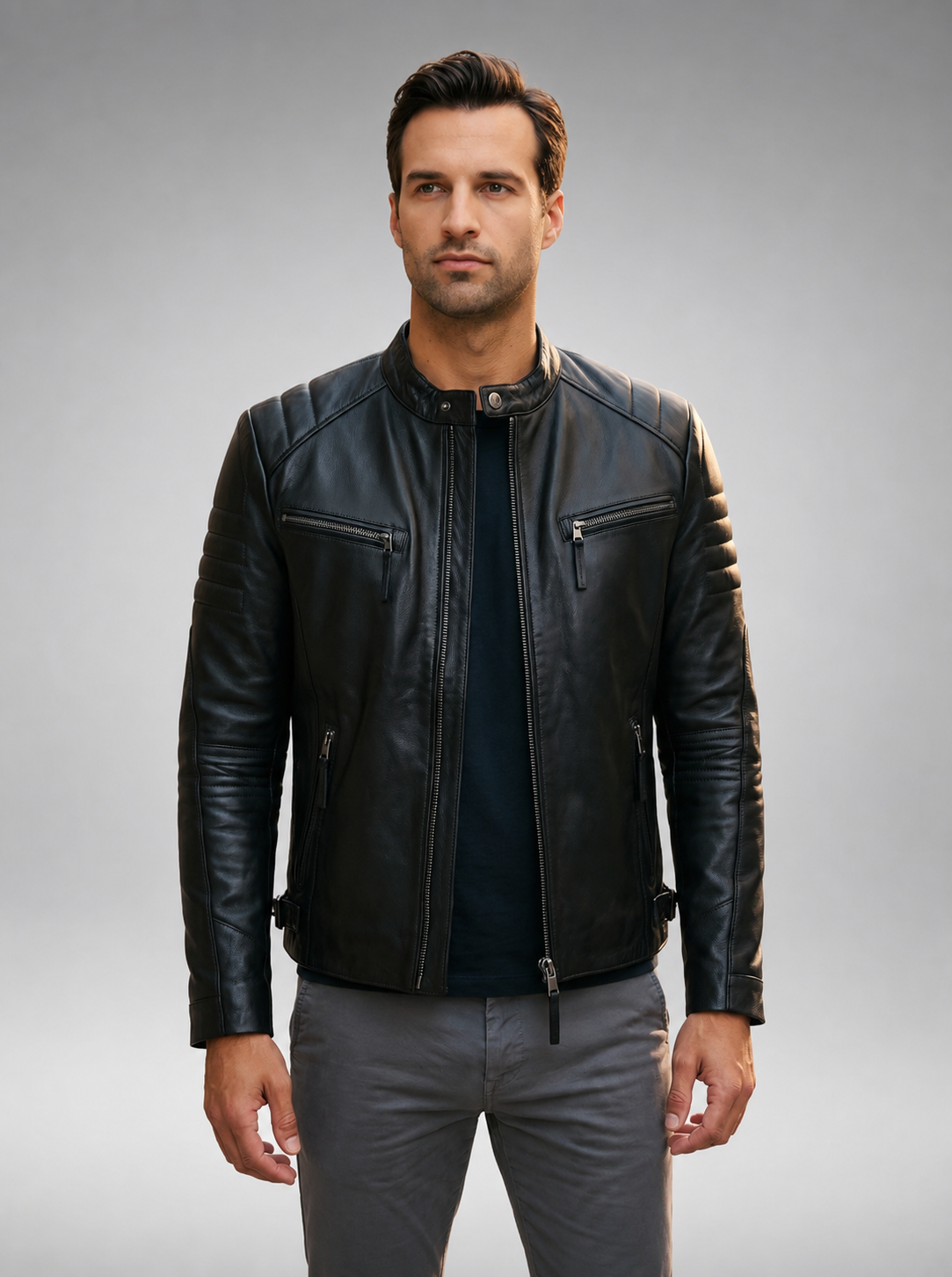 Bosh-X Black Motor Bike Leather Jacket For Men