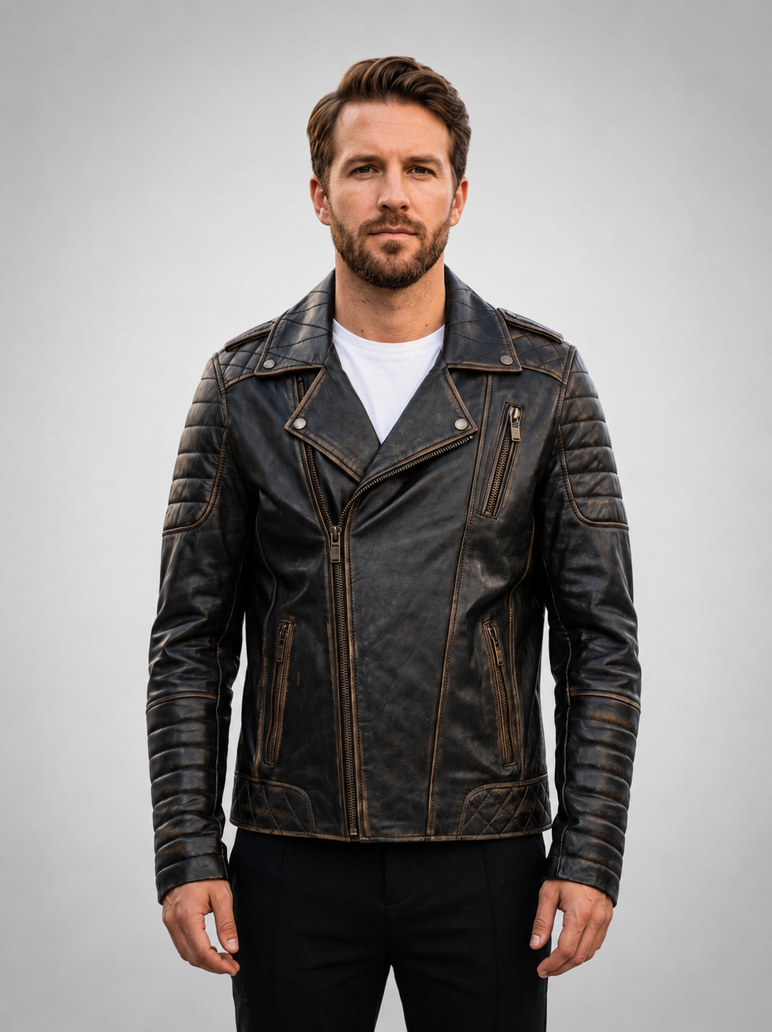 Branden Brown Distressed Leather Biker Jacket For Men