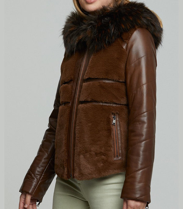 Brown Wendy Fur Hood And Front Fur Leather Jacket For Women