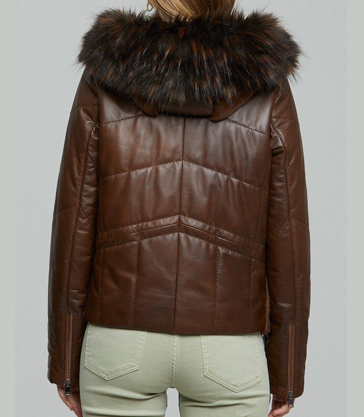 Brown Wendy Fur Hood And Front Fur Leather Jacket For Women