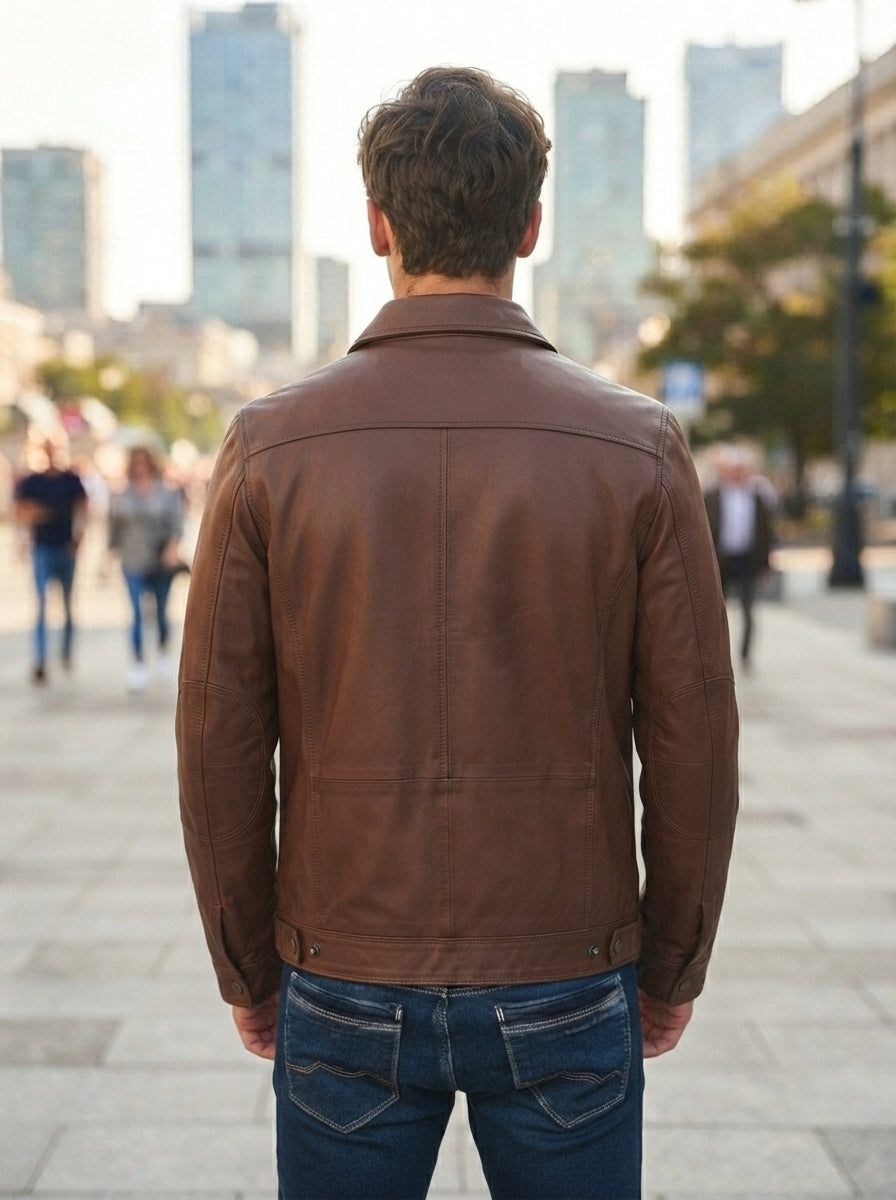 Brown Distressed High Collar Leather Jacket For Men