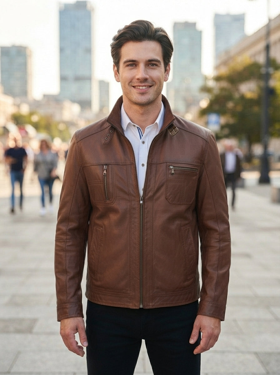 Brown Distressed High Collar Leather Jacket For Men