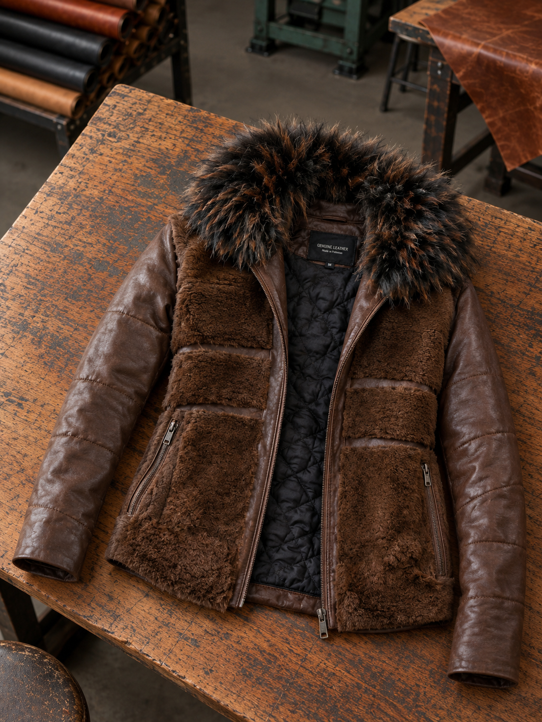 Brown Wendy Fur Hood And Front Fur Leather Jacket For Women