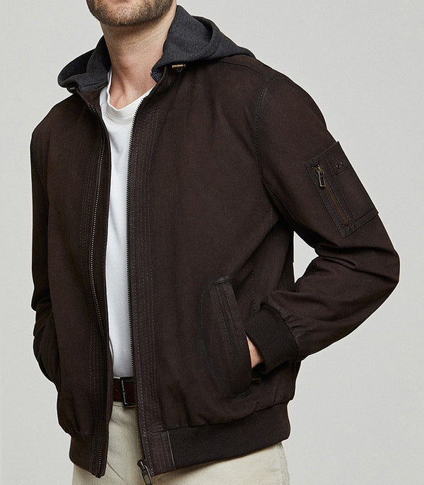 David Brown Leather Jacket With Hood For Men