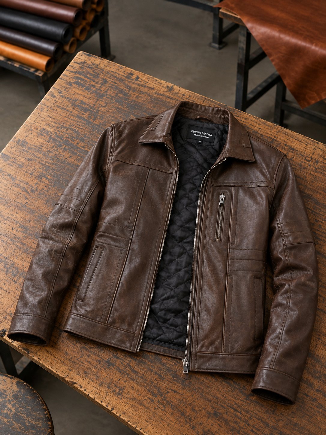 Bruno Cognac Brown Biker Racer Leather Jacket For Men
