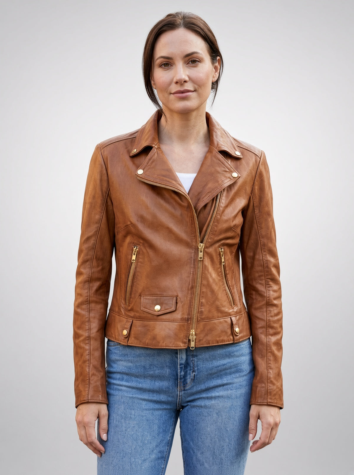 Camel Roxana Brown Biker Leather Jacket For Women