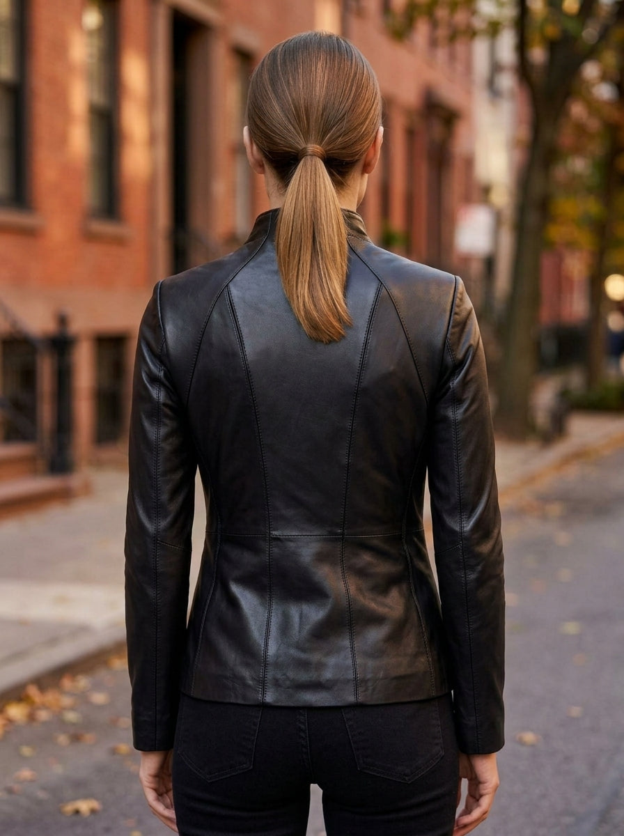 Dainty Biker Racer Black Leather Jacket For Women