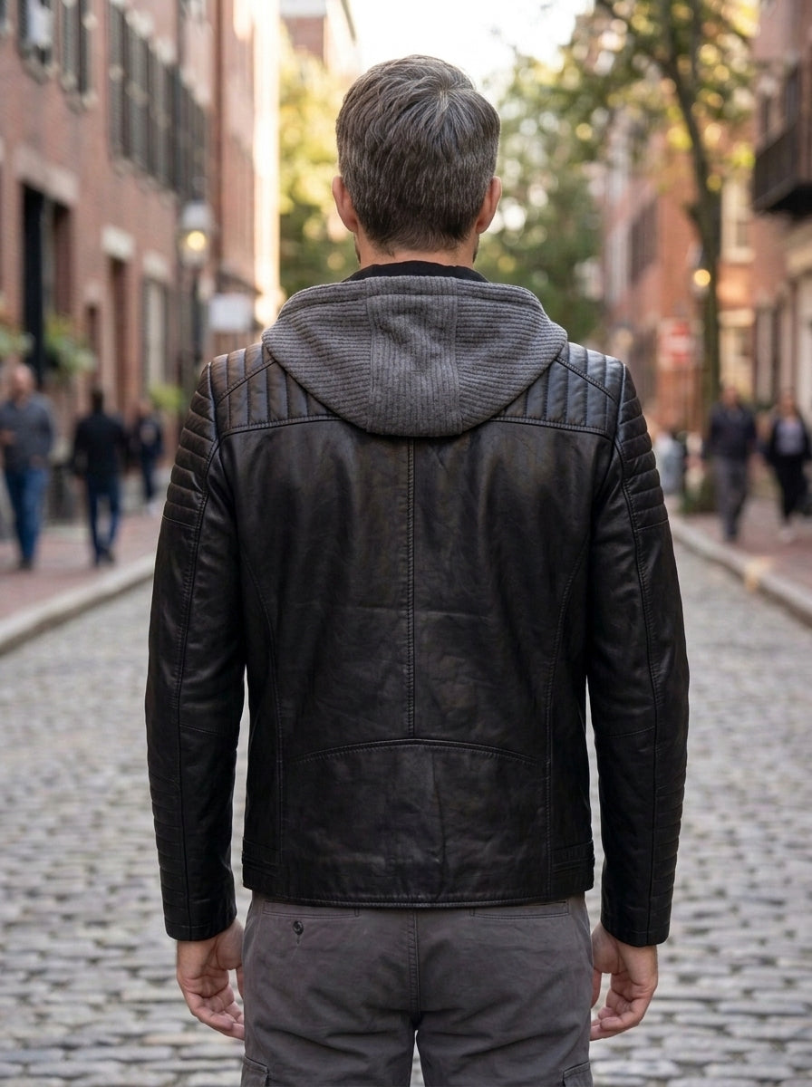 Danger Black Men's Hooded Sports Slim-Fit Leather Jacket