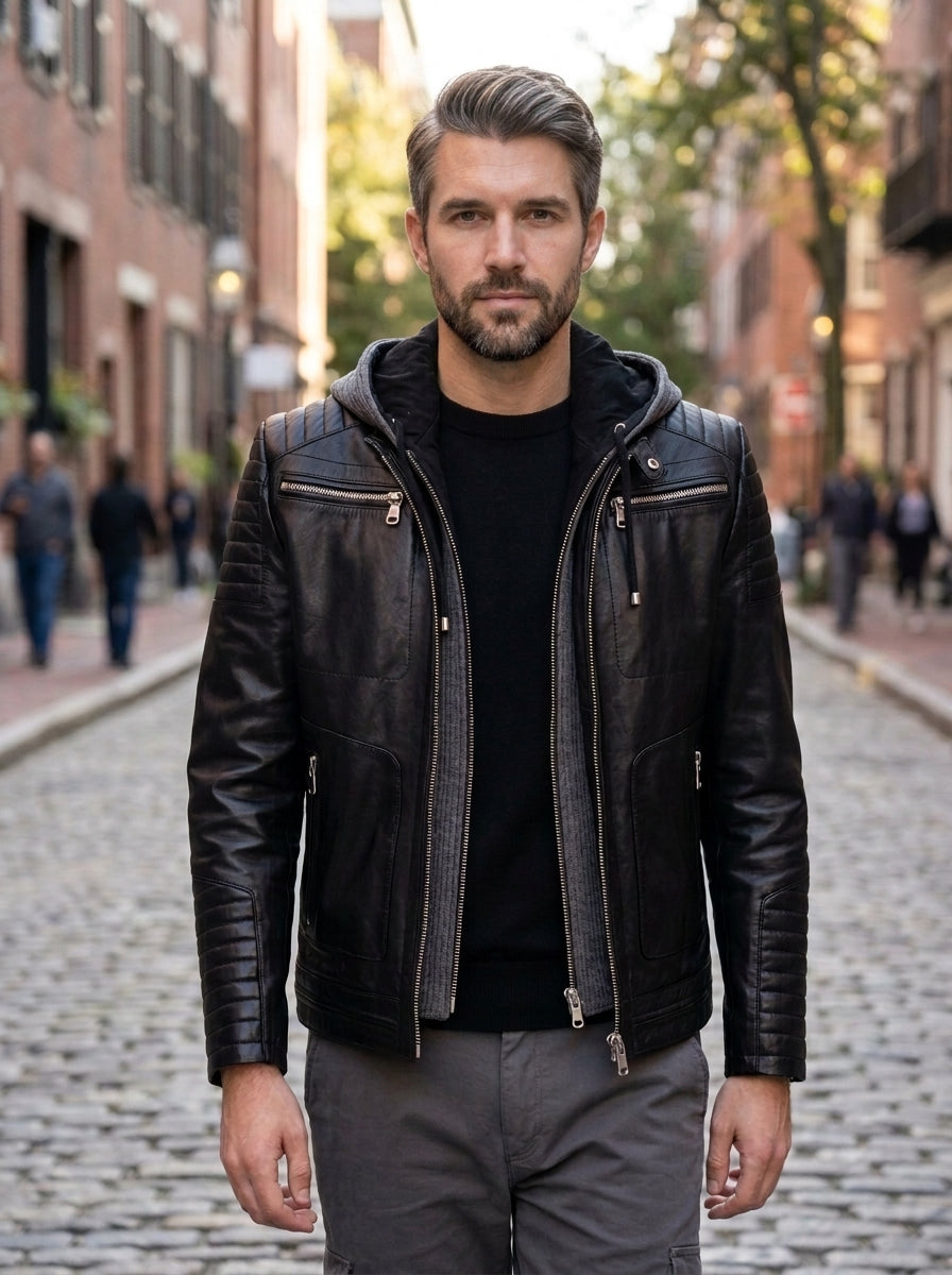 Danger Black Men's Hooded Sports Slim-Fit Leather Jacket