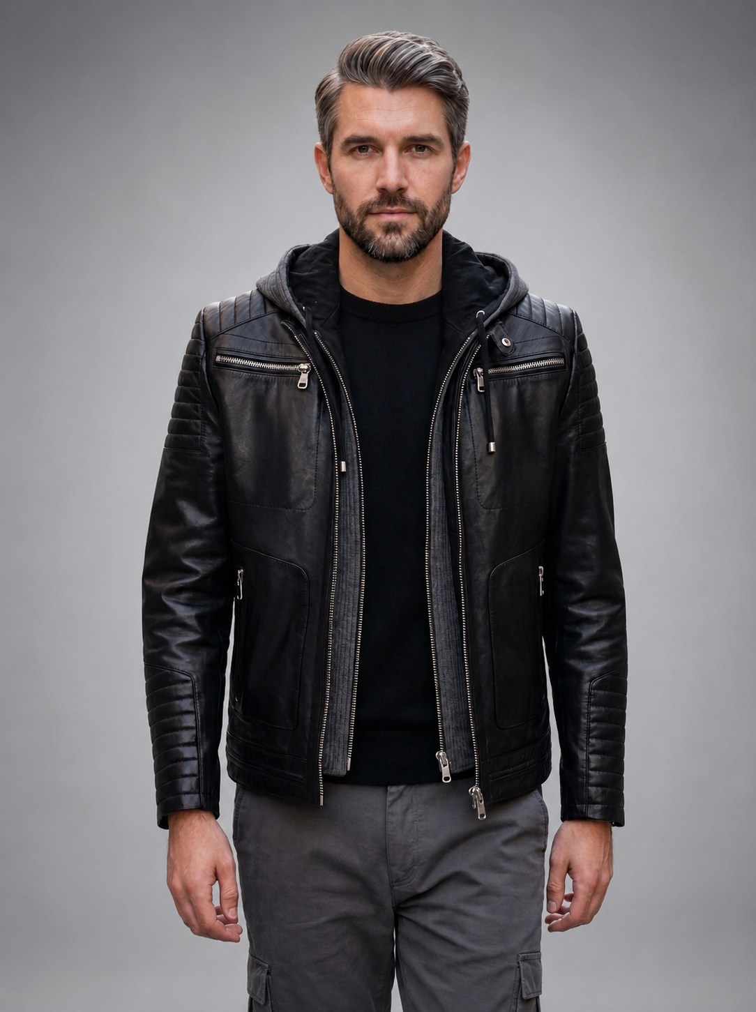 Danger Black Men's Hooded Sports Slim-Fit Leather Jacket