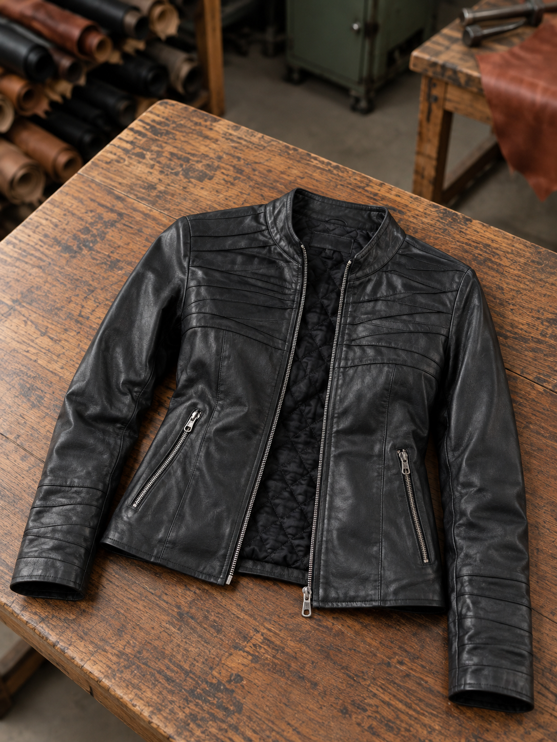 Diagonally Plated Black Leather Jacket For Women