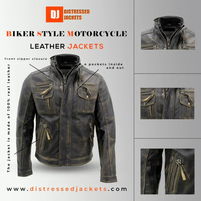 Distressed leather motorcycle jacket with four zippered pockets and rugged vintage finish.