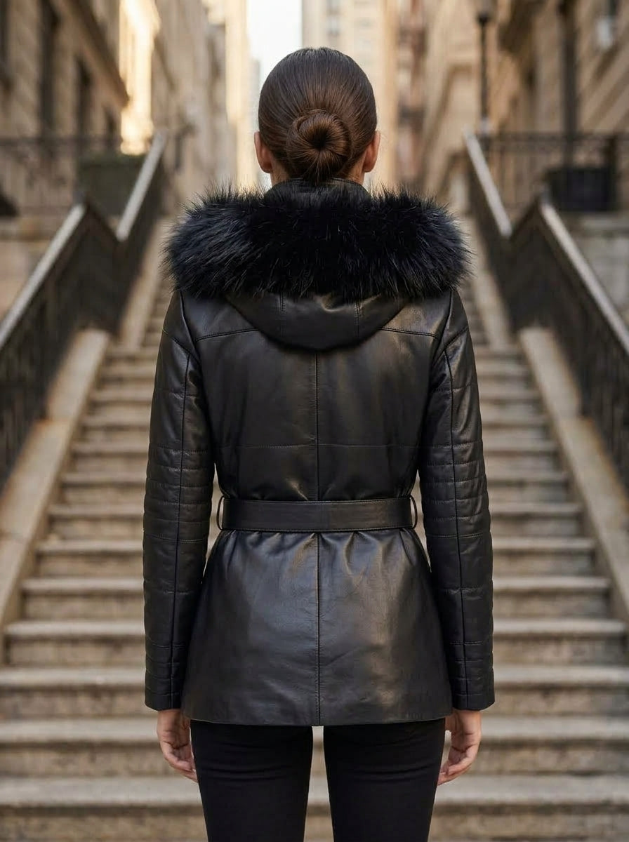 Dorothy Women’s Real Black Leather Fur Collar Short Belted Trench Coat