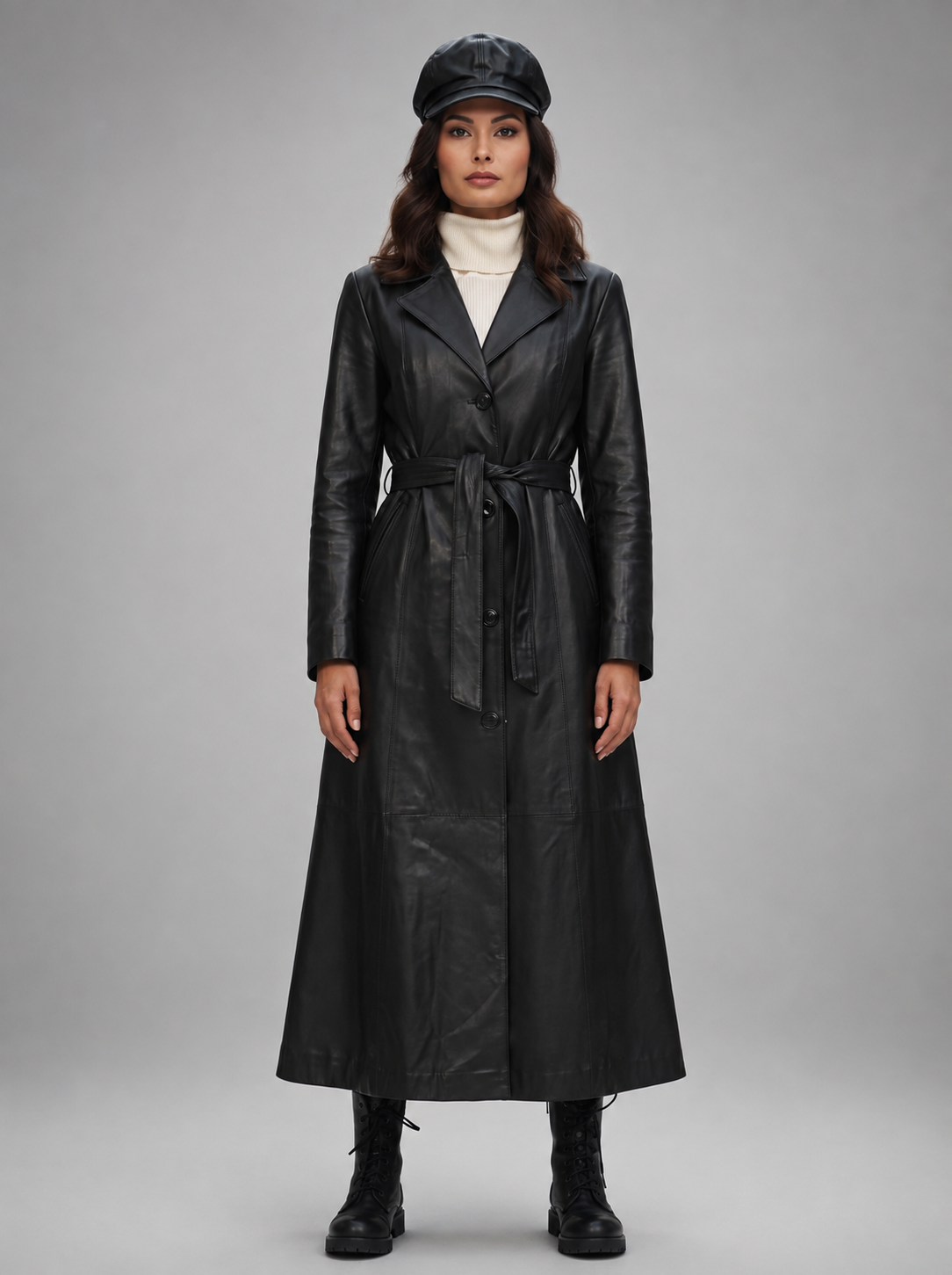 Elsei Black Long Leather Coat With Center Belt For Women