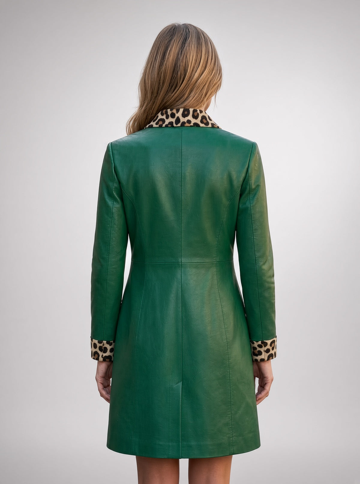 Emerald Green Leather Coat with Leopard Print Trim