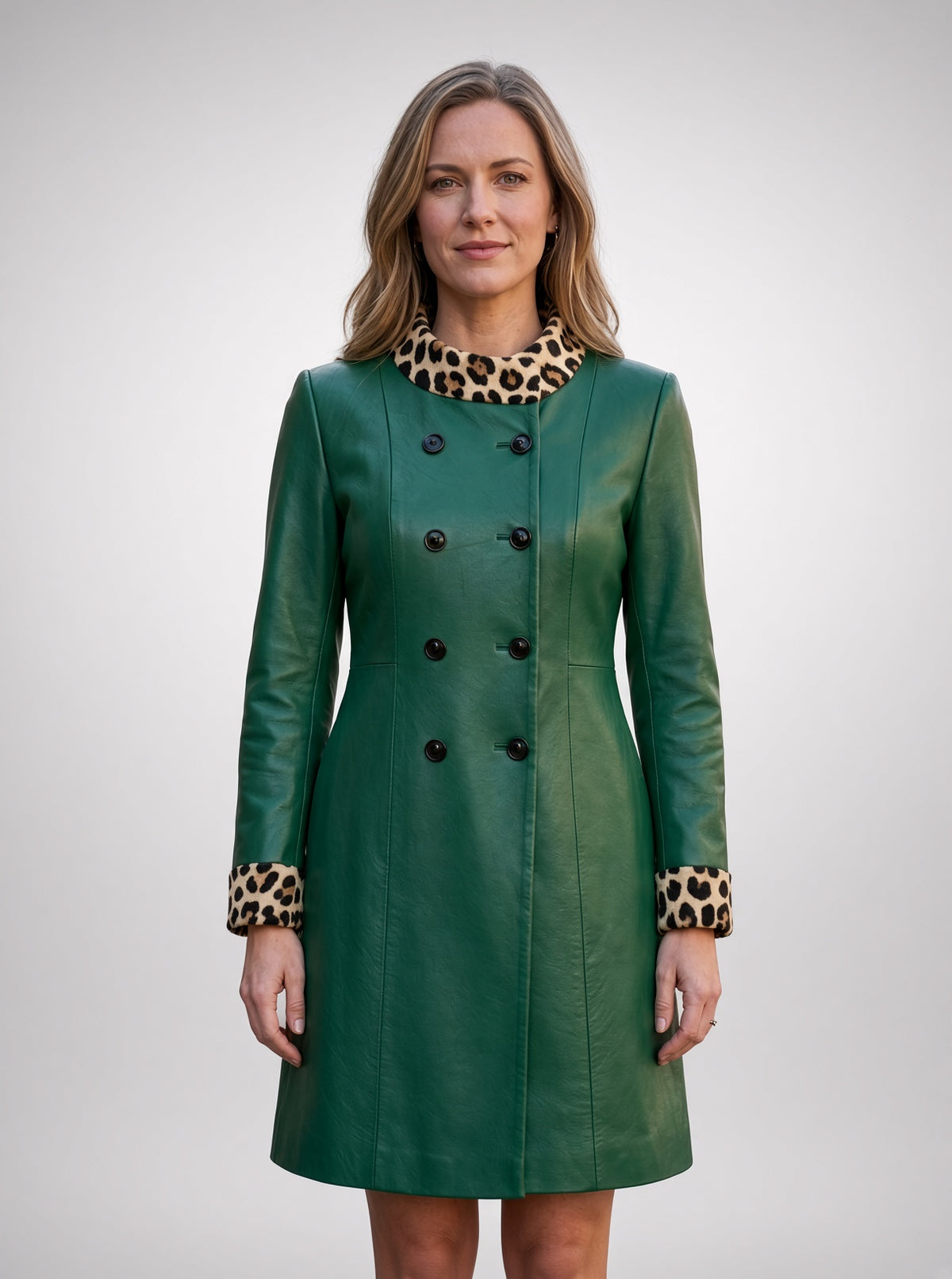 Emerald Green Leather Coat with Leopard Print Trim