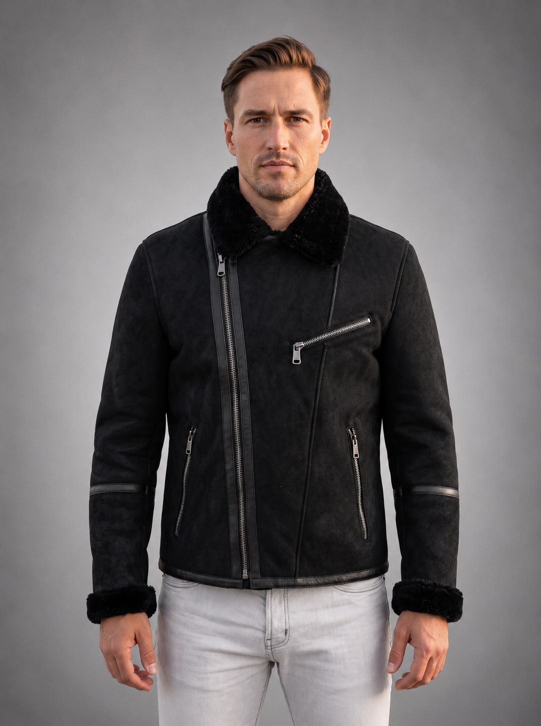 Enzo Black Fur Collar Leather Jacket For Men